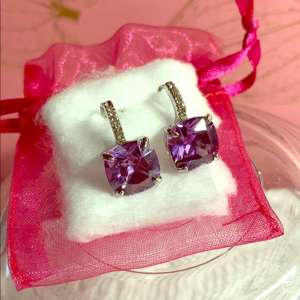 CZ and amethyst cushion cut lever back earrings